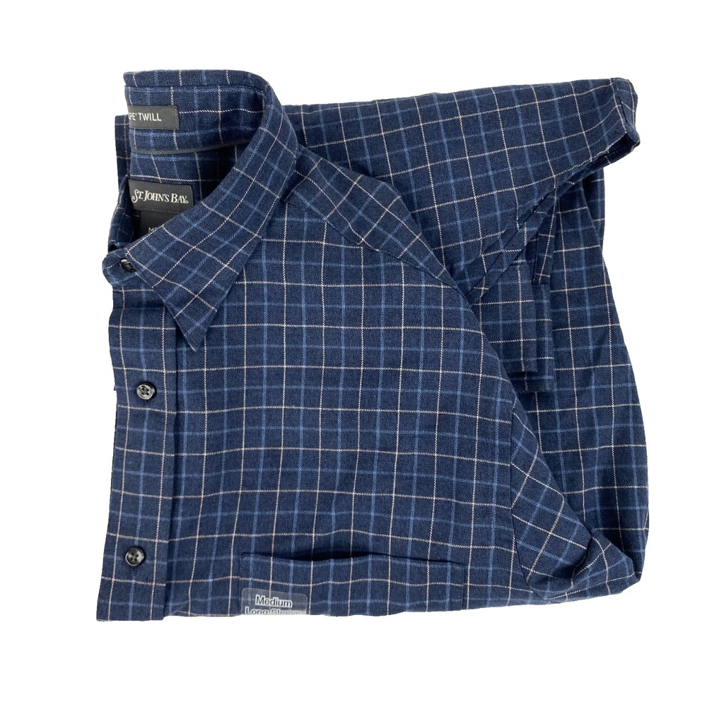 NEW St. John's Bay Long Sleeve Shirt Men's M Tall Plaid Navy Blue Twill $42 Orig